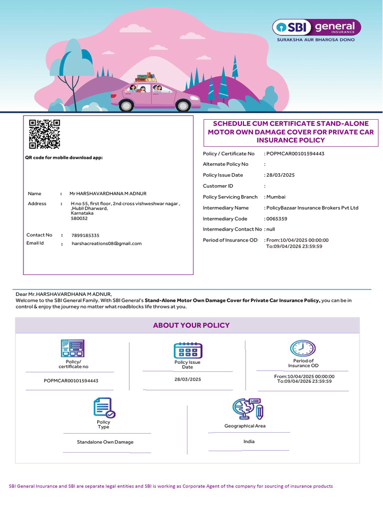 SBI Stand-Alone Motor Damage Policy | PDF | Insurance | Vehicle Insurance
