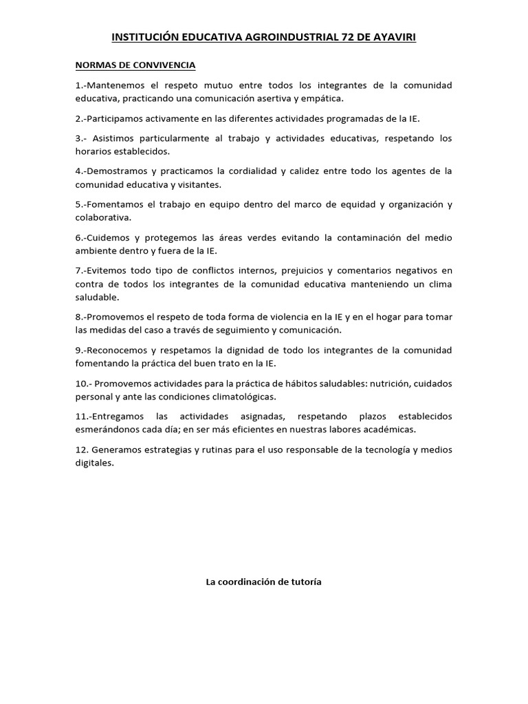 Normas de Convivencia en IE Agroindustrial 72 | PDF
