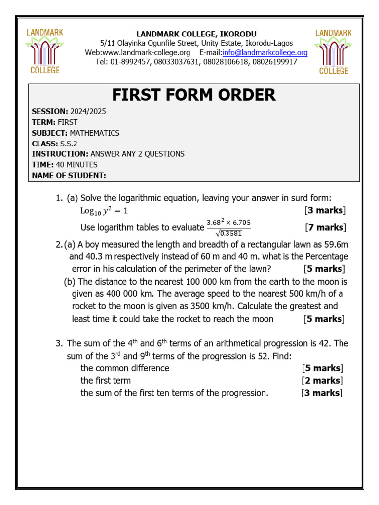 SS2 Maths First Form Order | PDF