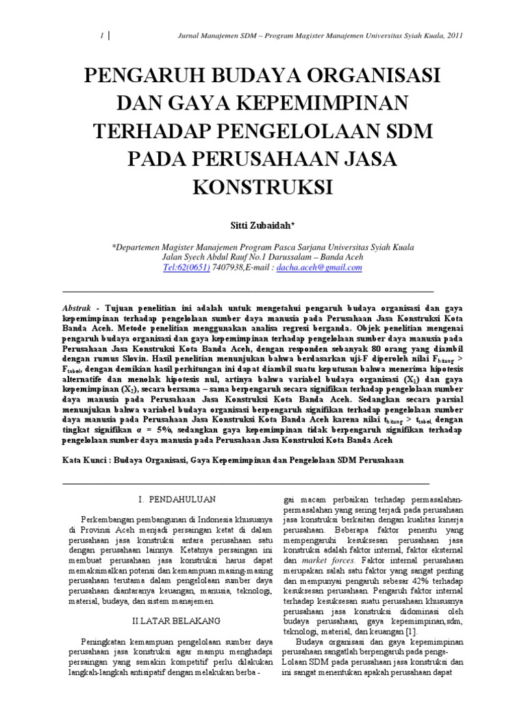 Pengaruh Budaya Organisasi Dan Gaya Kepemimpinan Terhadap Pengelolaan Sdm Pada Perusahaan Kontruksi Kota Banda Aceh Pdf