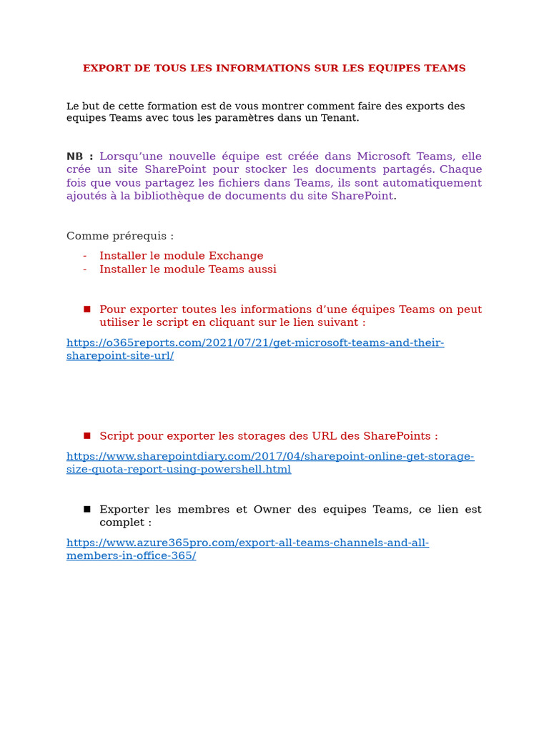 Exporter les informations des équipes Teams | PDF