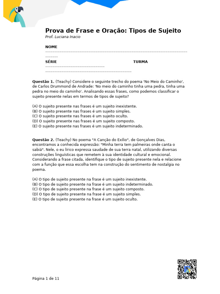Tipos de Sujeito em Frases e Poemas | PDF | Assunto (gramática ...