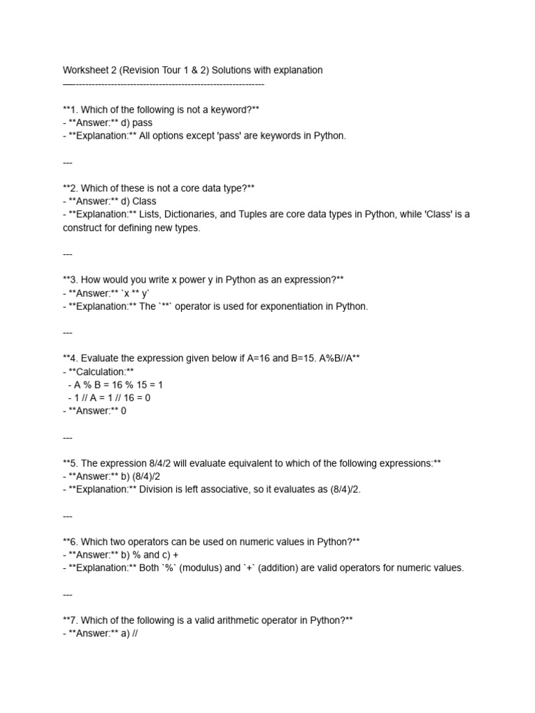 Worksheet 2 (Revision Tour 1 & 2) Solutions With Explanation | PDF ...