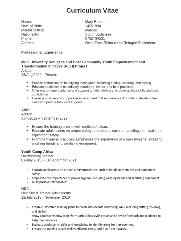 Hairdressing Trainer Curriculum Vitae | PDF | Hairdresser