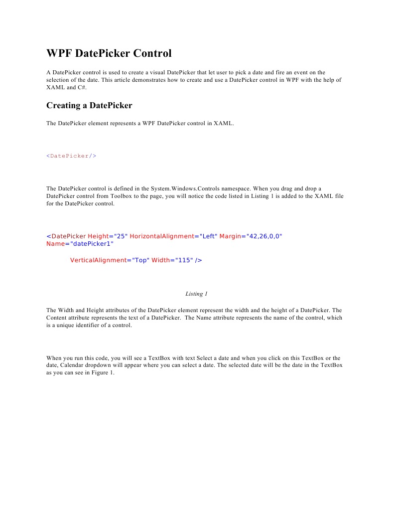 WPF DatePicker Control Guide | PDF | Extensible Application Markup ...