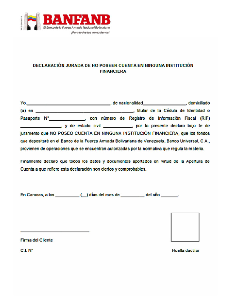 DECLARACION JURADA DE NO POSEER CUENTA EN NINGUNA INSTITUCION | PDF