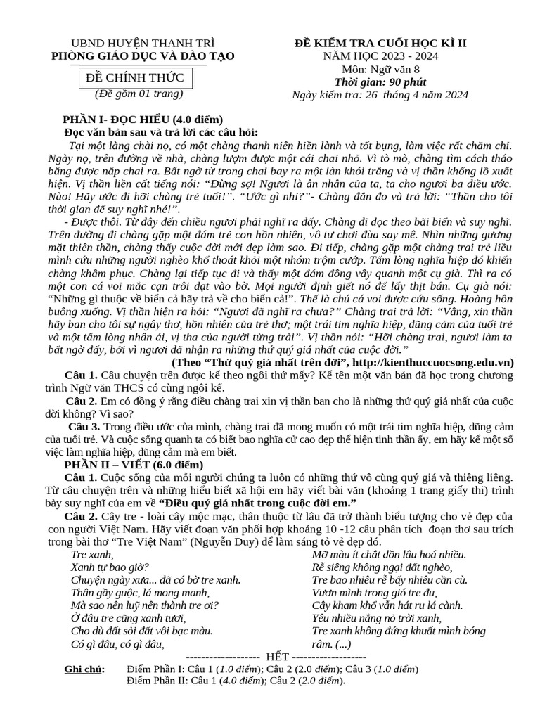 De Thi Hoc Ki II Mon Van 8 Va HDC 1 - 115202415 | PDF
