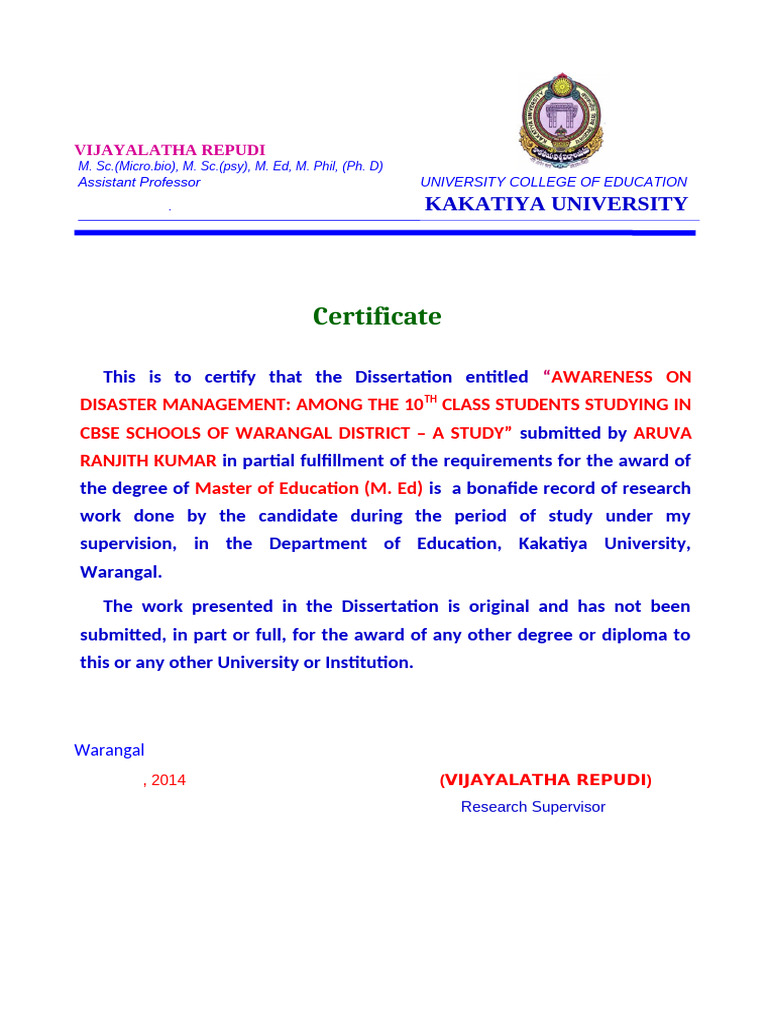 Kakatiya University Dissertation Certificate | PDF