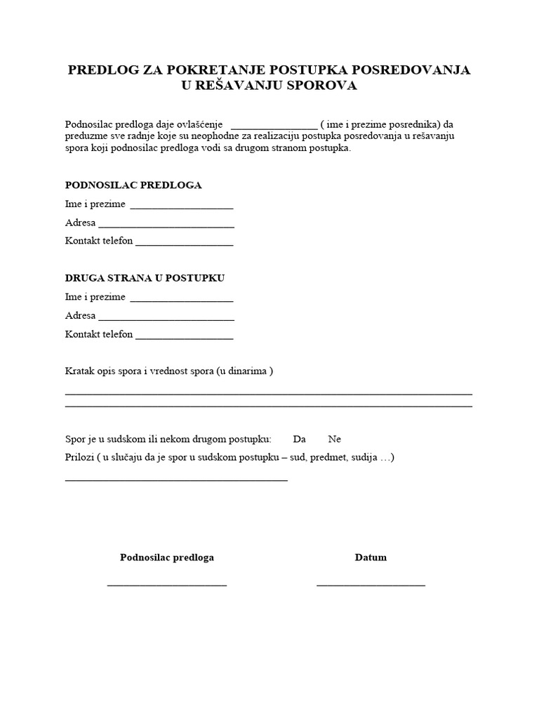 Predlog Za Pokretanje Postupka Medijacije | PDF