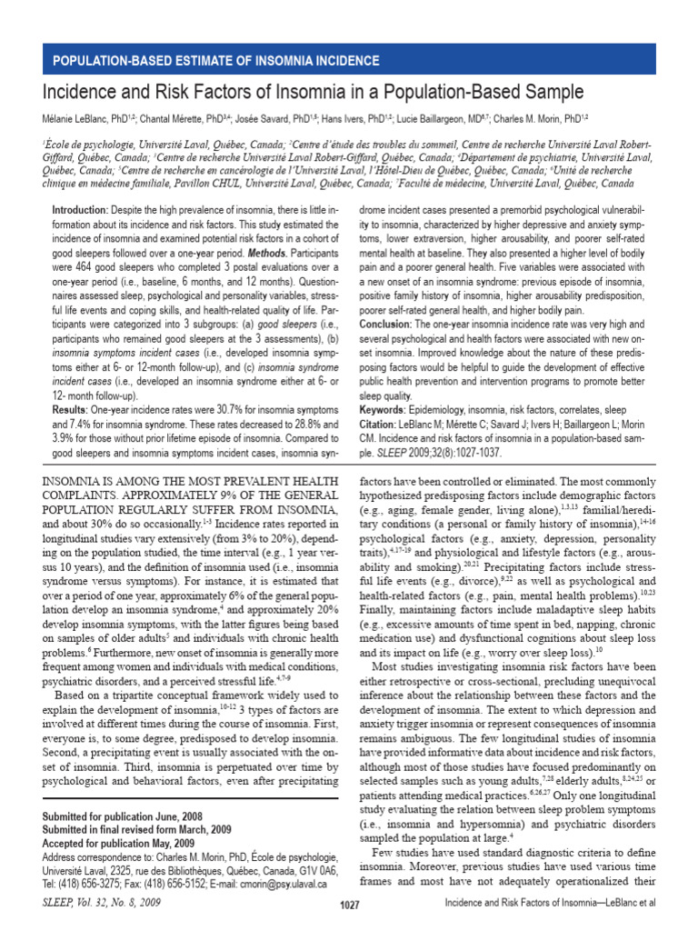 Incidence and Risk Factors of Insomnia in A Populationbased Samp 2009 ...