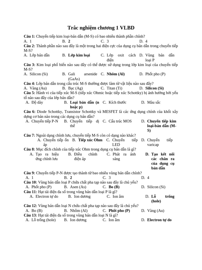 Trắc nghiệm chương 1 VLBD | PDF