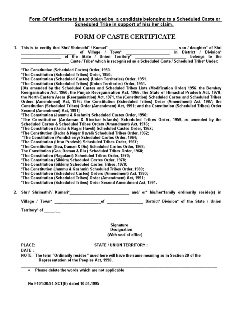 Caste Certificate SC ST | PDF | Government Of India | Independent India