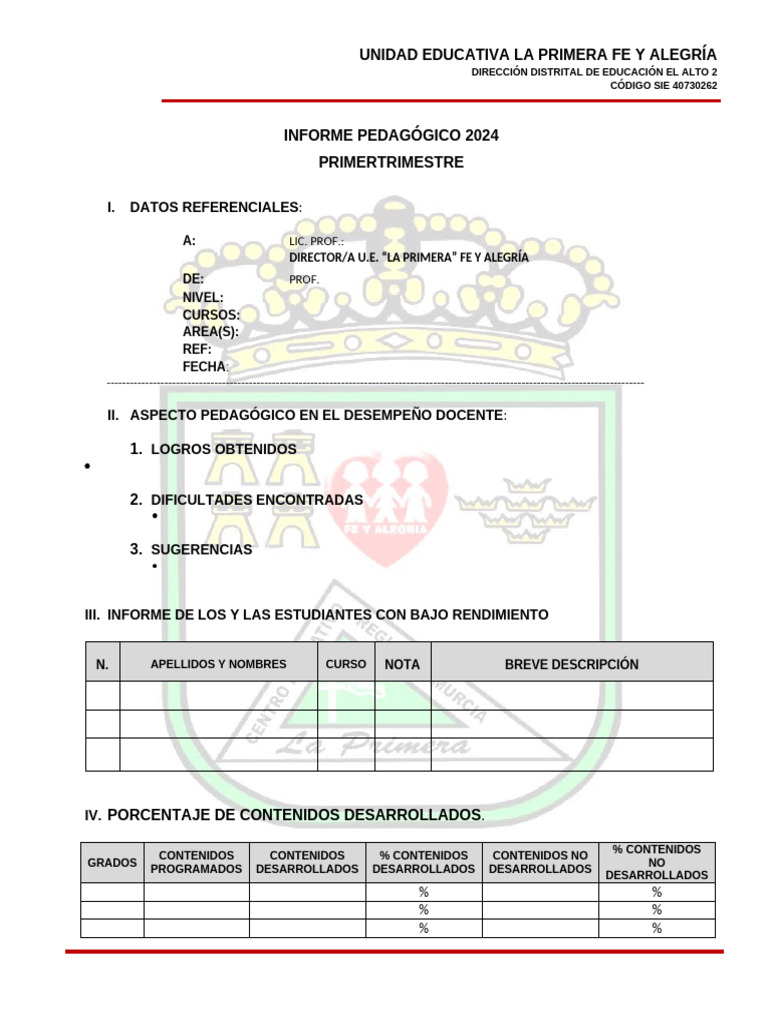 Informe Pedagógico 2024: Primer Trimestre | PDF