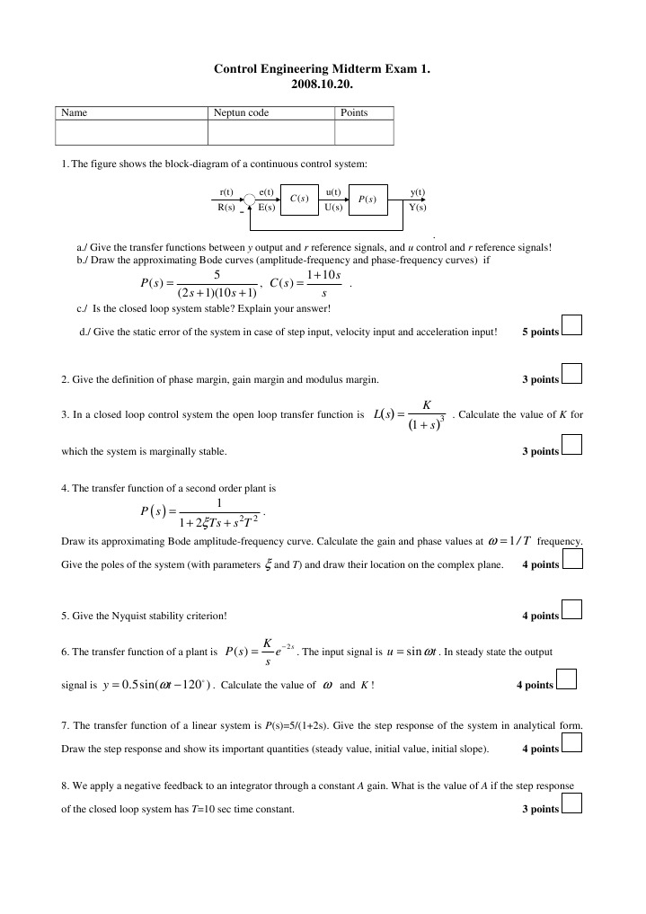 Control Engineering Midterm Exam 2008 | PDF