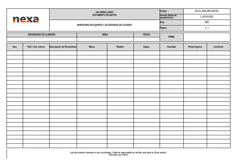 Dd-Cl-Ssm-Seg-040-Es Inventario de Equipos y Accesorios de Levante | PDF