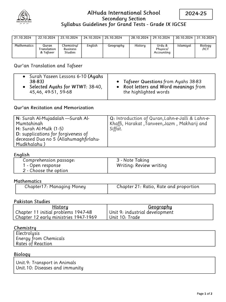 Grand Test Syllabus Guidelines for Grade IX IGCSE -2024-2025 | PDF