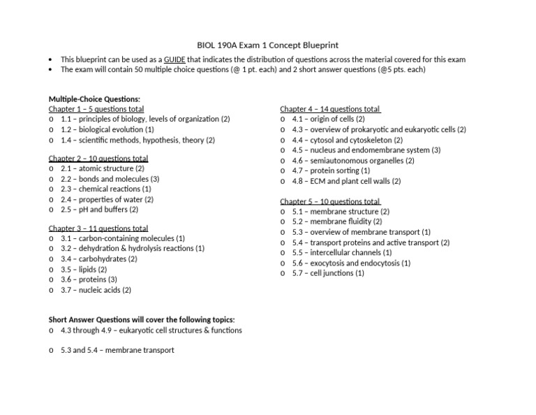 BIOL 190A Exam 1 Blueprint | PDF