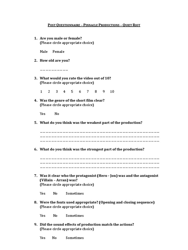 Quiet Riot Video Feedback Questionnaire | PDF
