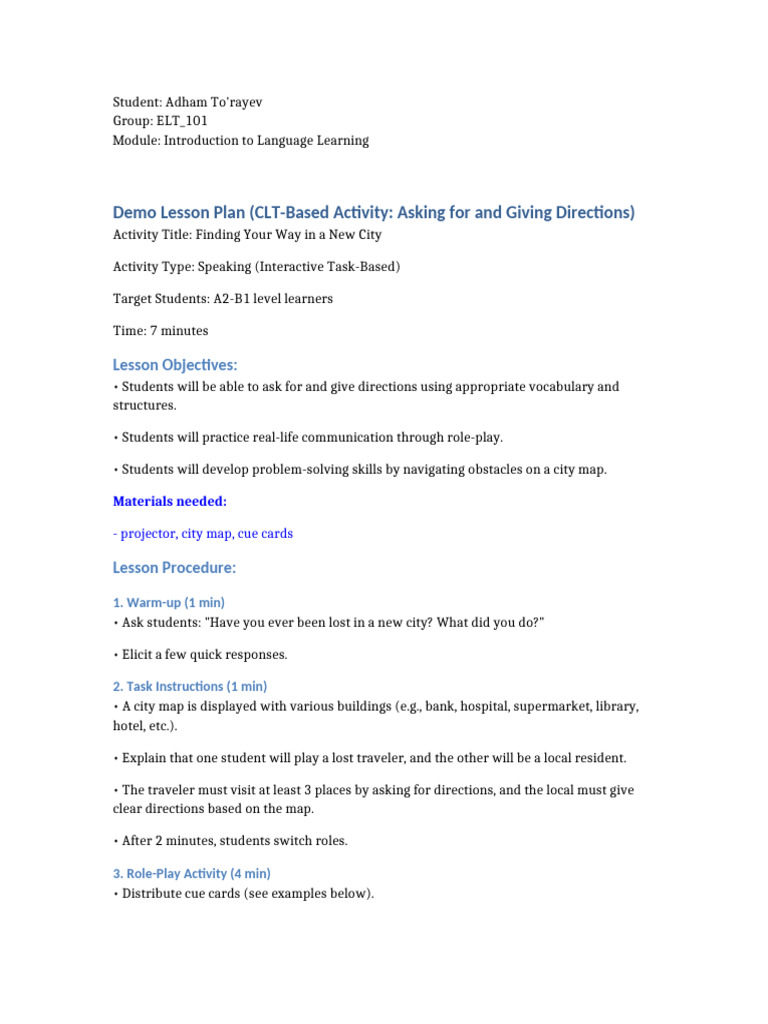 CLT Lesson Plan: Asking for Directions | PDF