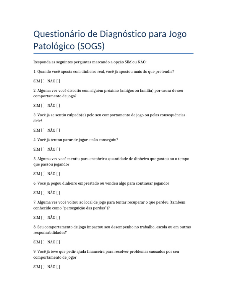 Questionario SOGS Ajustado Jogo Patologico | PDF