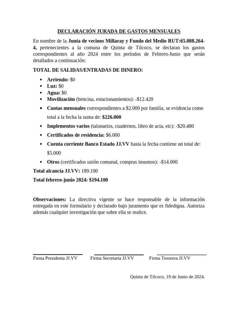 Gastos Mensuales Junta de Vecinos 2024 | PDF