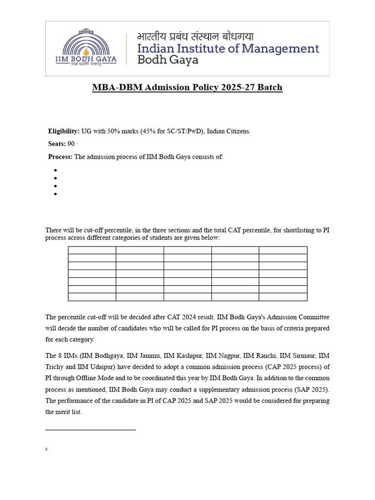 IIM Bodh Gaya MBA-DBM Admission Policy 2025 | PDF