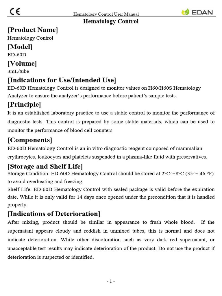 ED-60D Control for H60/H60S Analyzers | PDF | Assay | Blood Cell