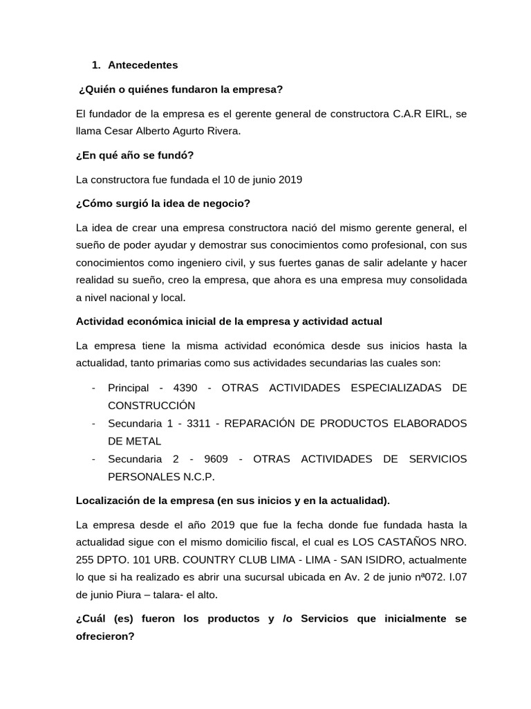 Historia y evolución de Constructora C.A.R EIRL | PDF | Business ...