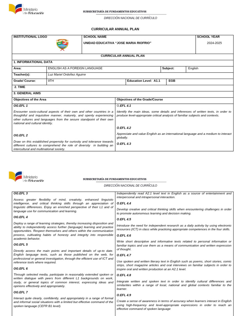 2024-2025 English Curriculum Plan | PDF | English As A Second Or ...
