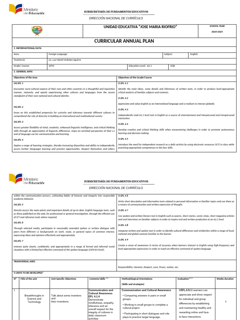 2024-2025 English Curriculum Plan EGB 10 | PDF | English As A Second Or ...