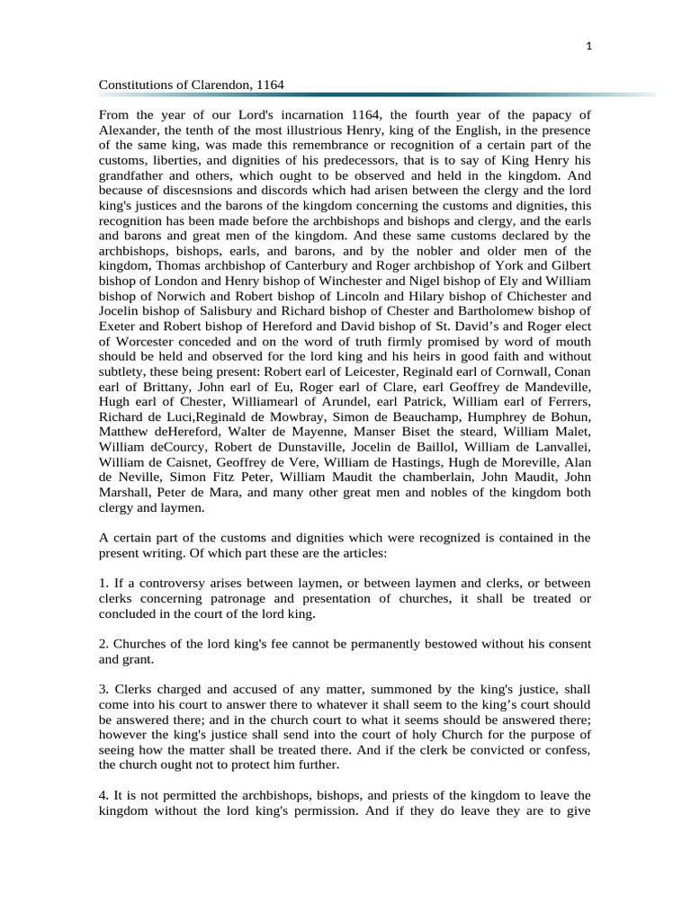 History I UNIT IX COMPULSORY Constitutions of Clarendon 1164 Murder ...