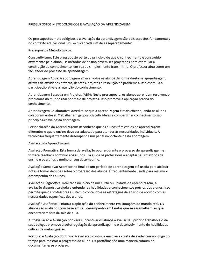 Avaliação da Aprendizagem e Metodologias | PDF | Aprendizado | Pedagogia