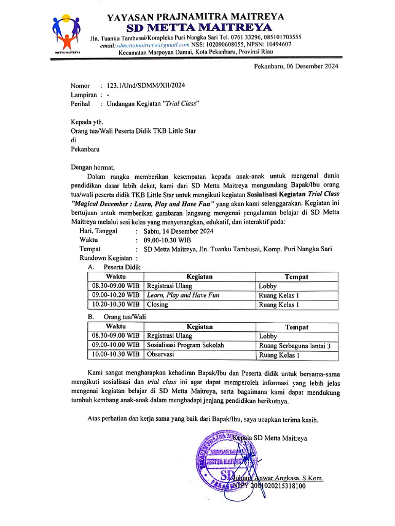 Undangan Kegiatan Trial Class | PDF