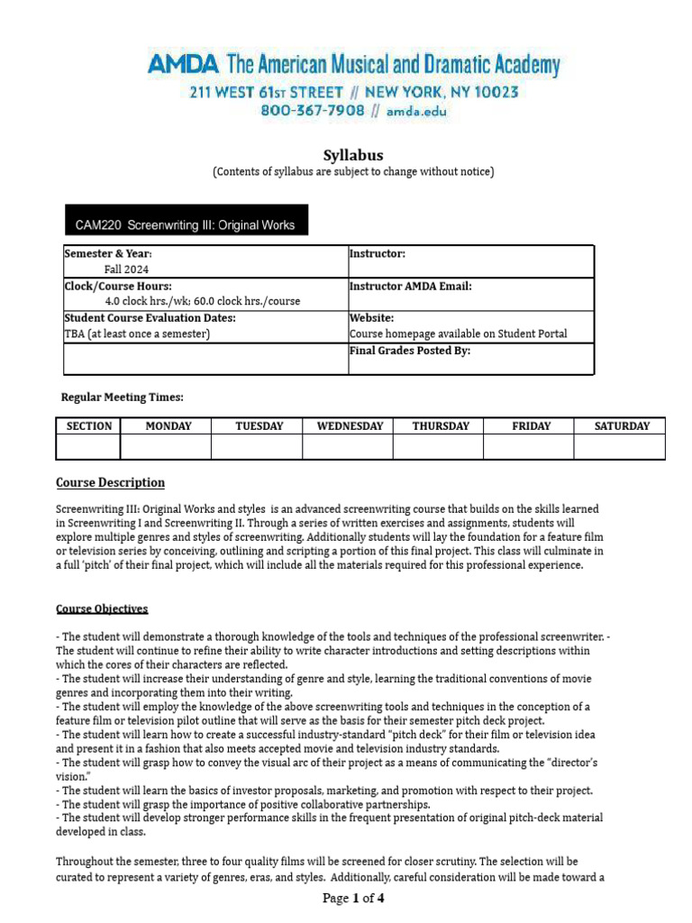 Advanced Screenwriting Course Syllabus | PDF | Screenwriting ...