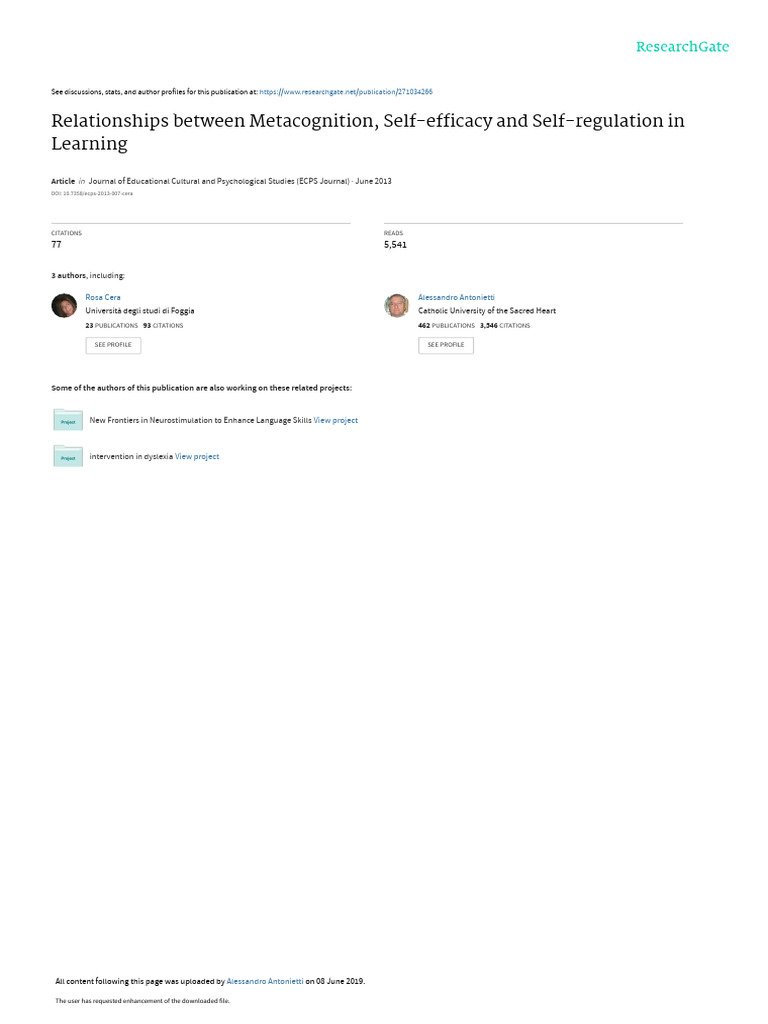 Metacognition and Self-Regulation in Learning | PDF | Self Efficacy ...