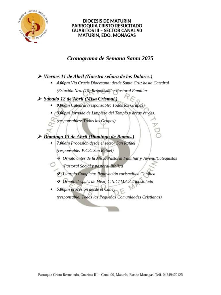 Cronograma Semana Santa 2025 Maturín | PDF | eucaristía | Adoración