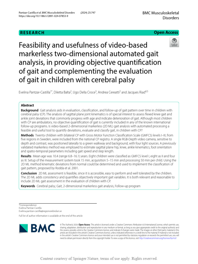 2D Markerless Gait Analysis in CP | PDF | Cerebral Palsy | Foot