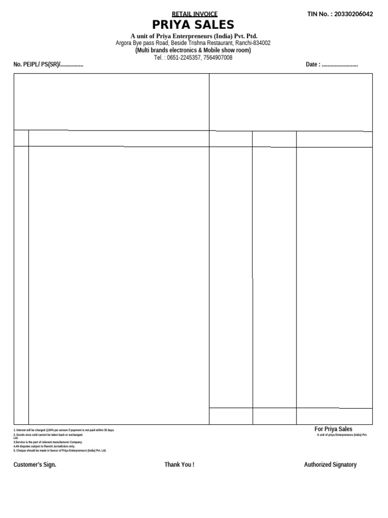 Retail Invoice for Priya Sales | PDF