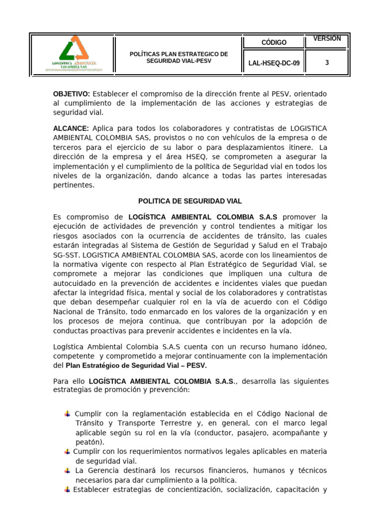 Politica de Seguridad Vial | PDF | Seguridad vial | Valores