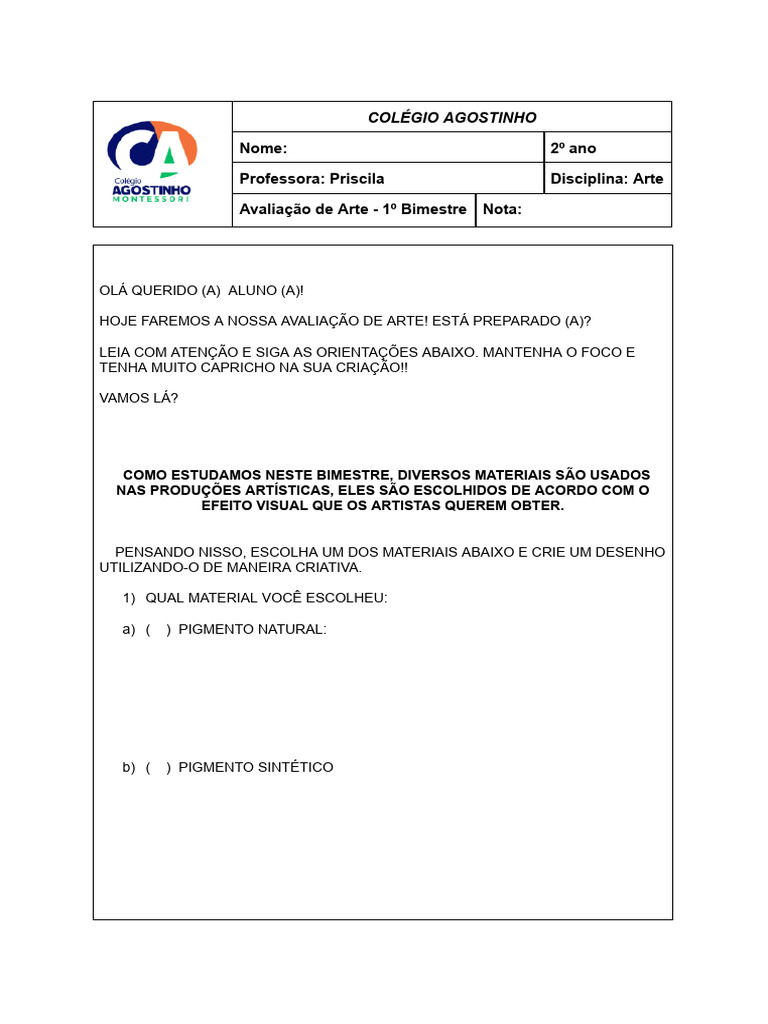 Avaliação de Arte - 2º Ano 1º Bimestre | PDF