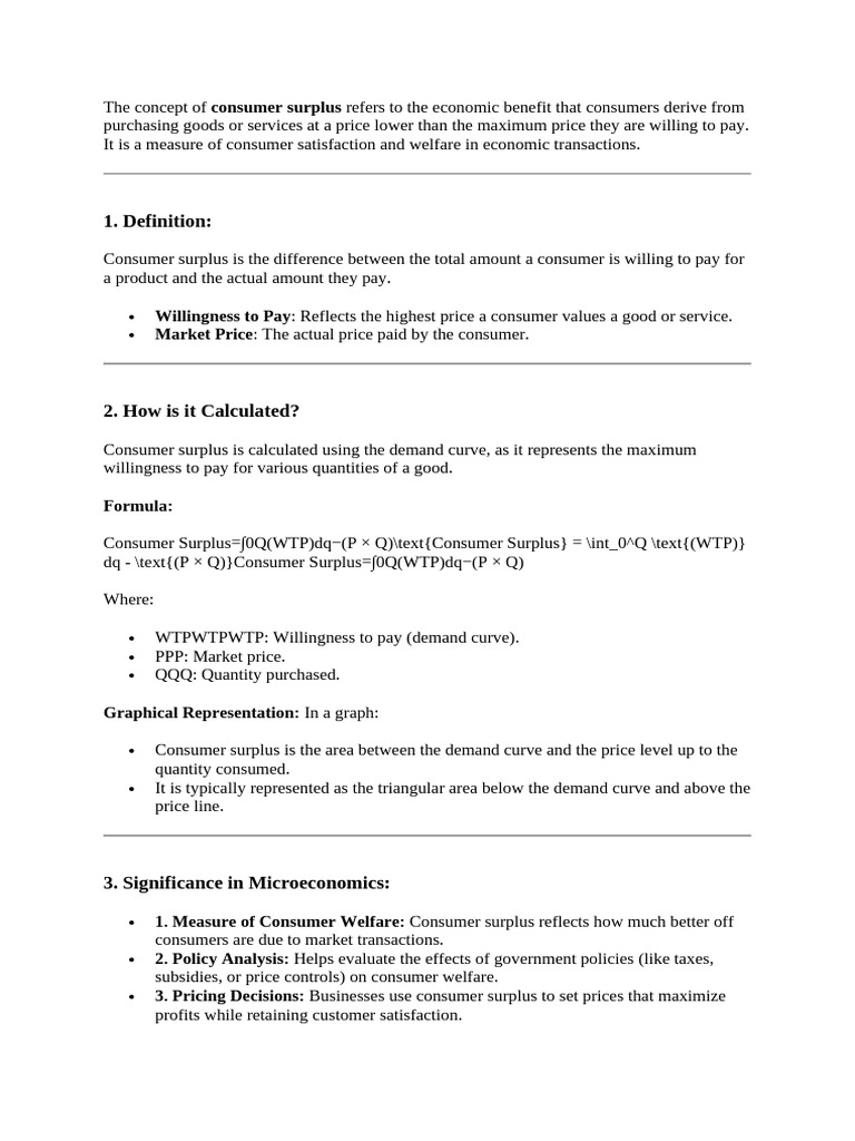 Consumer Surplus and Its Impotant in Micro Economics | PDF