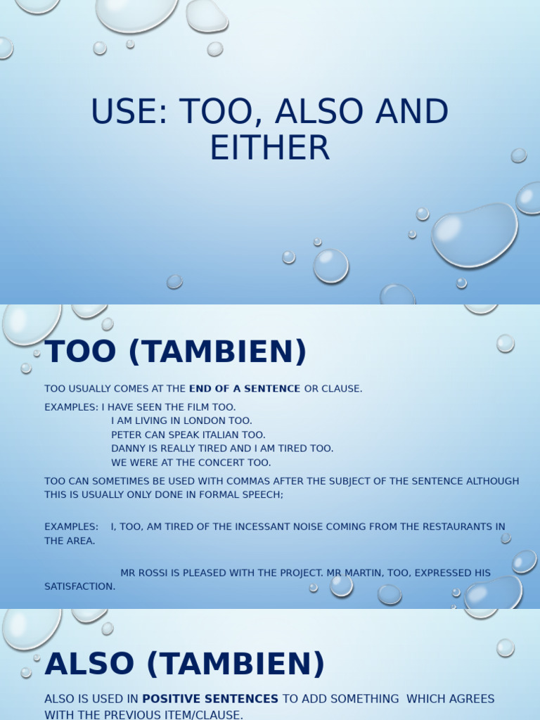 Using Too, Also, and Either in Sentences | PDF