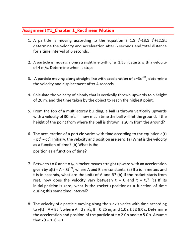 Assignment+#1_Chapter+1_Rectlinear+Motion (1) | PDF | Velocity ...