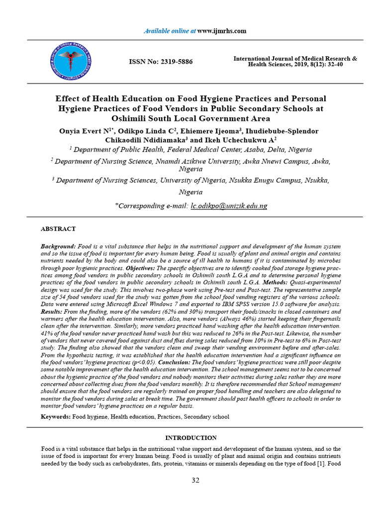 Effect of Health Education On Food Hygiene Practices and Personal ...