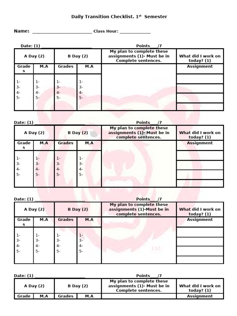 1st Semester Daily Transition Checklist | PDF