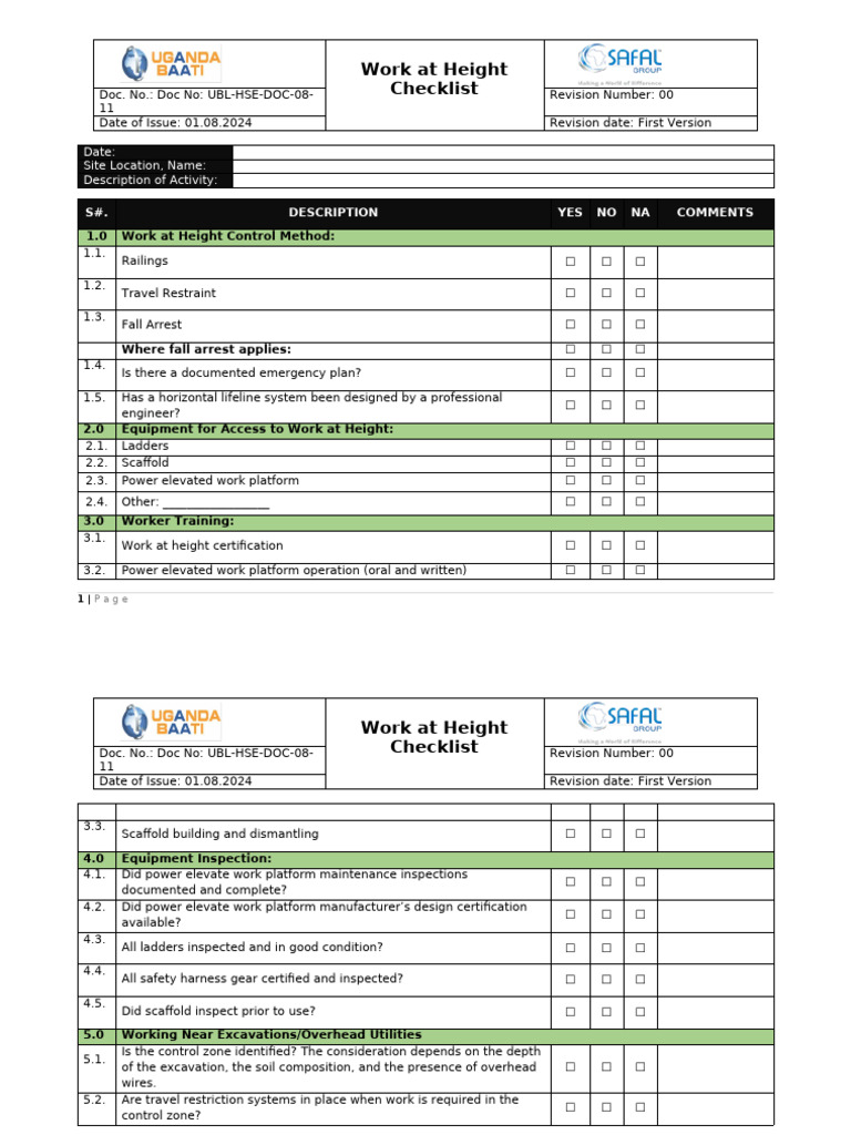 Work at Height Safety Checklist | PDF | Safety | Occupational Safety ...