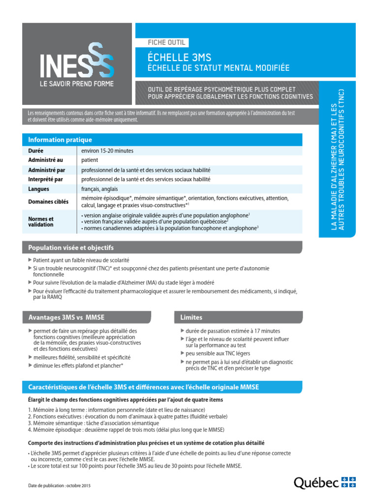 INESSS FicheOutil Echelle 3MS | PDF | Mémoire | Fonctions exécutives