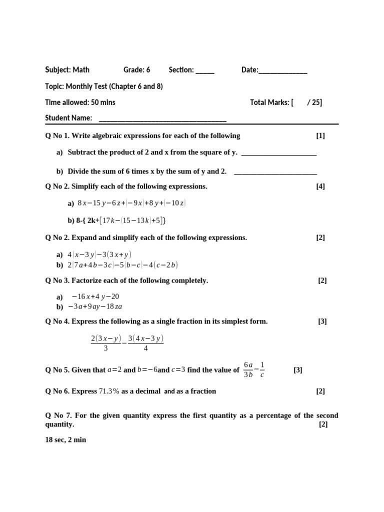 Grade 6 Math Monthly Test Questions | PDF