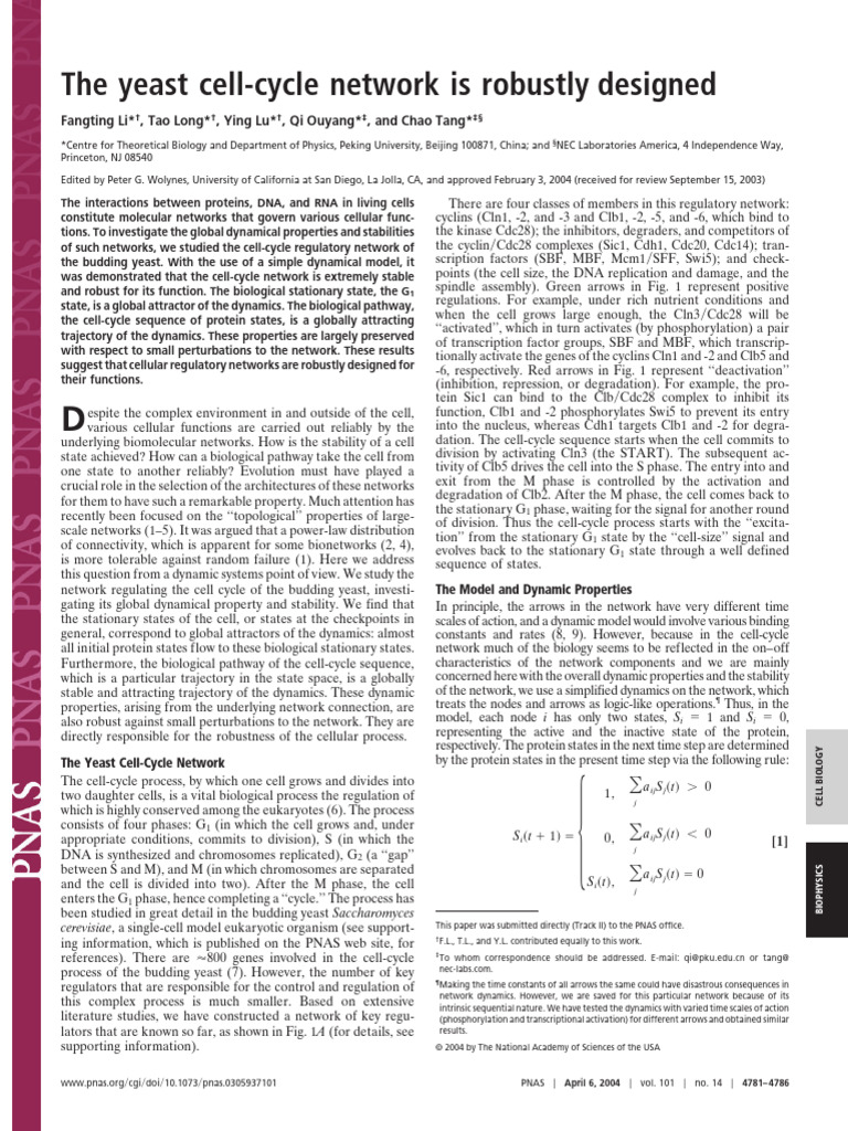 Robustness of Yeast Cell-Cycle Network | PDF | Cell Cycle | Attractor