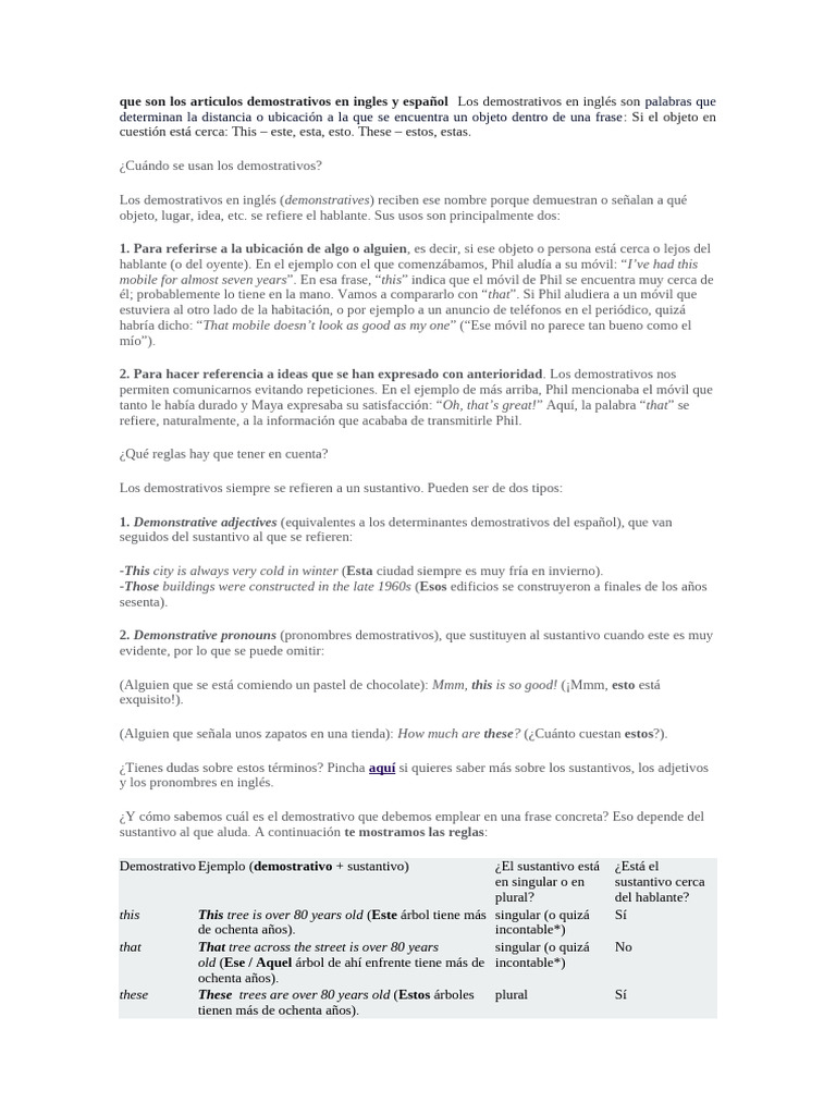 Artículos Demostrativos en Inglés y Español | PDF | Sustantivo | Gramática
